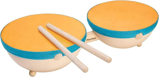 PlanToys Toddler Musical Instruments - Double Drum Set with Drumsticks, Made with Natural Rubber-Coated Fabric and Rubberwood for Motor Skills Development (Orange)