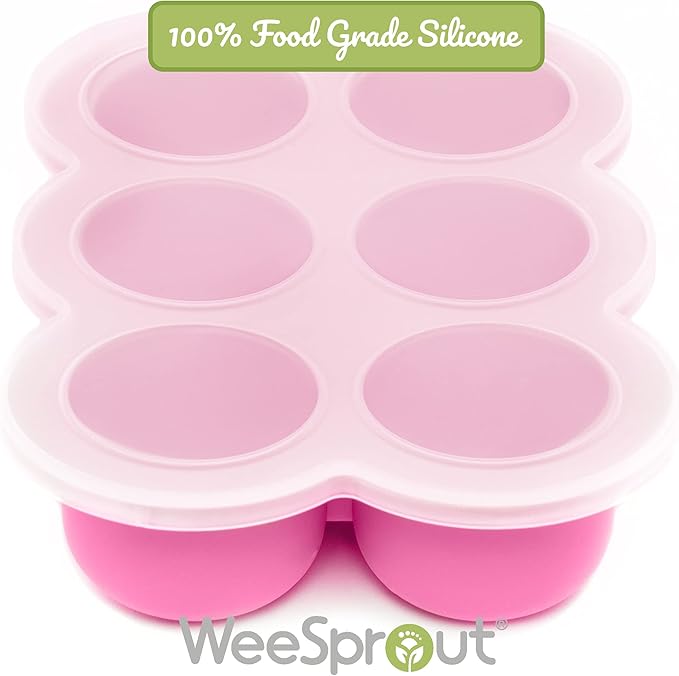 WeeSprout Silicone Freezer Tray with Clip on Lid Perfect Food Storage Container for Homemade Baby Food, Vegetable, Fruit Purees, and Breast Milk (Bright Pink, Six 3 Ounce Sections)