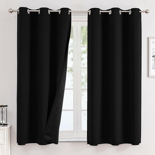 ChrisDowa 100% Blackout Curtains for Bedroom with Black Liner, 2 Thick Layers Total Blackout Thermal Insulated Grommet Window Curtains 2 Panels Set (Black, 42 x 63 Inch)