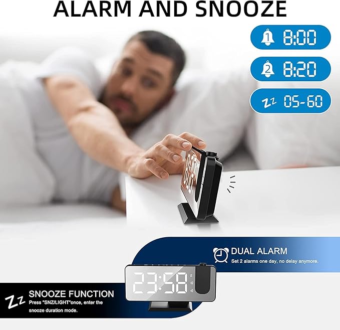 Projection Alarm Clock for Bedrooms Ceiling, Digital Clock Radio with USB Charger Port, Temperature & Humidity Display, 7.3” Large LED Display,12/24H,Snooze,Dual Loud Clock- 4 Dimmer