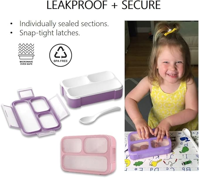 Kids Glitter Snack Container - Mini Bento Lunch-Box, Small Leakproof Container Boxes for Toddlers Girls Snacks Lunches, 3 Compartment - School Daycare Portion Containers, Pink Purple Sparkle Set of 2