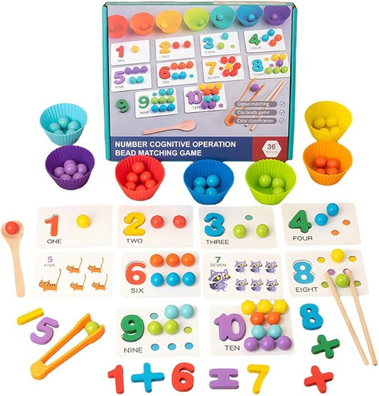Montessori Arithmetic Math Toy Set, Toddler Wooden Montessori Toys for 2 3 4 5 6 Years Old, Number Cognitive Clip Bead Matching Game, Boy Girl Birthday Gift