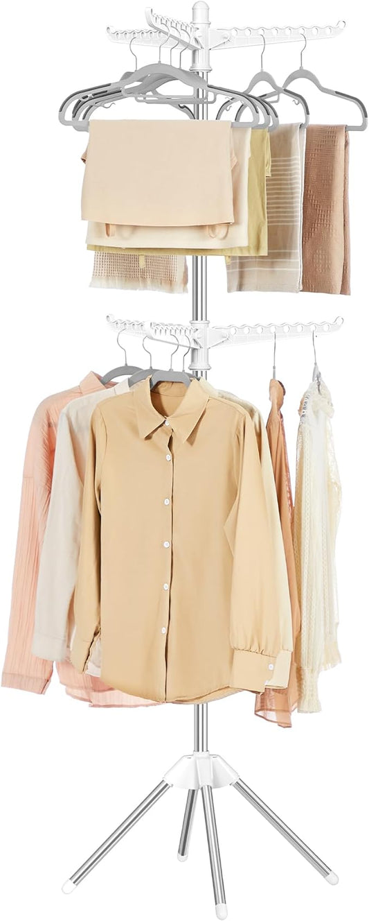 SONGMICS 2-Tier Clothes Drying Rack, 75.2-Inch Folding Laundry Drying Rack with 6 Rotatable Arms for Hangers, Stainless Steel, for 54 Pieces of Clothes, White and Silver ULLR514W01