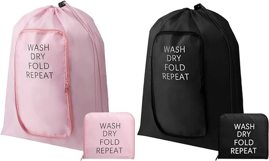 2 Pcs Travel Laundry Bag Washable Dirty Clothes Bag with Drawstring and Zipper for Suitcase, 22 x 18 Inch (Pink, Black,Classic)