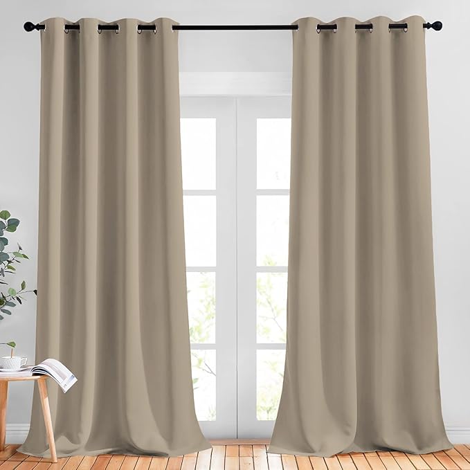 NICETOWN Bedroom Curtains Blackout Draperies - Noise Reducing Thermal Insulated Window Decorative Blackout Draperies/Drapes for Kid's Room (1 Pair, 52 x 95 inches in Taupe)