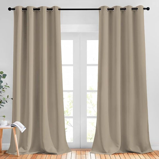 NICETOWN Bedroom Curtains Blackout Draperies - Noise Reducing Thermal Insulated Window Decorative Blackout Draperies/Drapes for Kid's Room (1 Pair, 52 x 95 inches in Taupe)