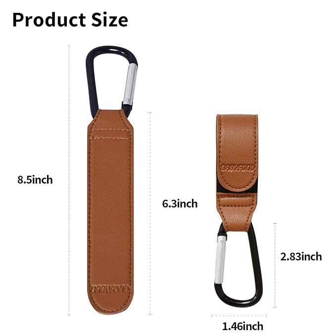 Stroller Hooks for Hanging, 2 PCS Durable Leather Style Stroller Clip Straps, Baby Stroller Hooks for Diaper Bags Grocery Shopping Bags, Mommy Hook for Stroller (Brown)