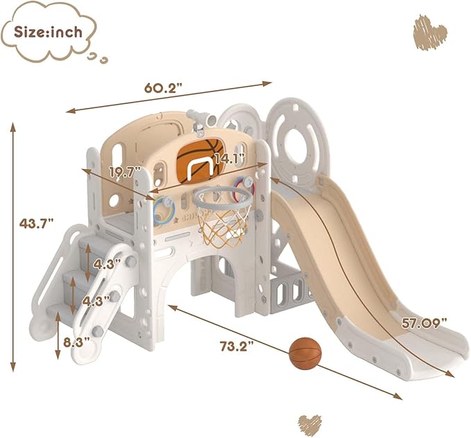 YUFU 9 in 1 Toddler Slide Set, Kids Slide for Toddlers Age 1-3, Toddler Playset with Basketball Hoop and Ball, Outdoor Indoor Playground for Toddlers 1-3 (Beige+Coffee)