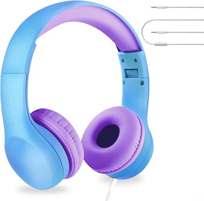 LilGadgets Connect+ Wired Kids Headphones for School with Mic, Volume Limited & Noise Reduction, On-Ear Headset with Cord, SharePort Technology for Multiple Kids & SoftTouch Padding, Blue/Purple