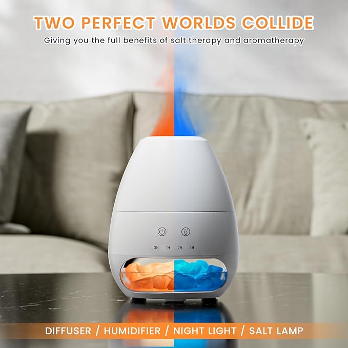 Ultrasonic Essential Oil Diffuser with Himalayan Salt Rock,Flame Oil Diffuser with 2 Color Light,Small Aromatherapy Oil Diffuser with Auto Off Function for Home, Office,Spa,100ML