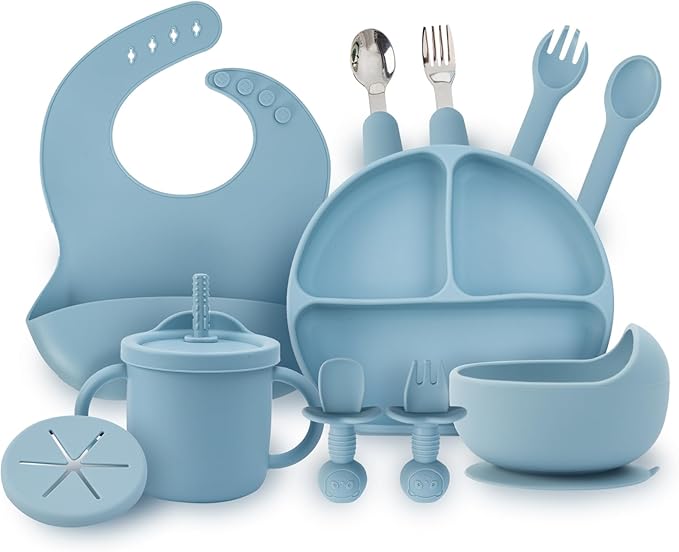Baby Silicone Feeding Set, 13PCS Baby Self Feeding Set, Toddler Led Weaning Utensils Sets with Suction Bowl and Plate, 3 Set of Baby Spoons and Forks, Adjustable Bid, Sippy Cup with Straw and 2 Lids