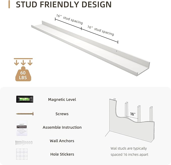 Picture Ledge Shelf, Wood Long Floating Shelves for Wall, Set of 2, 48 inch Picture Ledge Shelves, Photo Ledge Nursery Book Shelves Wall Mounted for Living Room Kids' Room Bedroom, Color White