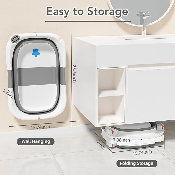 Collapsible Baby Bathtub,Baby Bath Tub with Soft Cushion & Thermometer,Baby Bathtub Newborn to Toddler 0-36 Months,Portable Travel Baby Tub