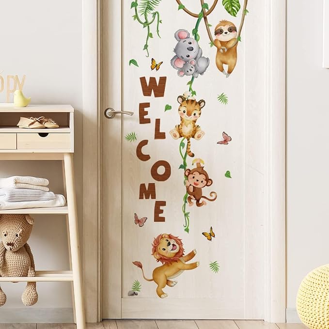 clothmile Watercolor Jungle Animal Wall Decals Welcome Animal Wall Sticker Lion Monkey Koala Wall Decals for Kids Baby Nursery Playroom Bedroom Classroom Kindergarten Wall Decor