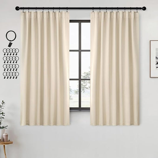ANRODUO Back Tab Blackout Curtains for Bedroom Living Room, Rod Pocket Pinch Pleated Thermal Insulated Room Darkening Curtains 63 Inches Long 2 Panels, Cream Beige, 42 x 63 Inch