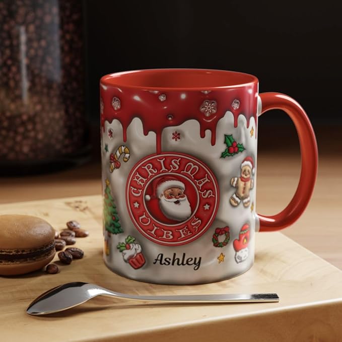 Personalized 3D Effect Christmas Mugs with Names, Santa Claus Coffee Mug, Custom Reindeer Accent Mug Christmas Gifts For Women Men Friends Family Gingerbread Man Mug 11 Oz