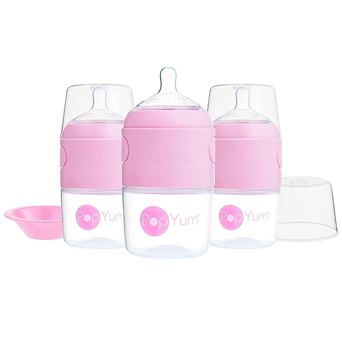 PopYum 5 oz Pink Anti-Colic Formula Making/Mixing/Dispenser Baby Bottles, 3-Pack with #1 Slow Flow Nipples, 150 ml, BPA-Free, Natural Latch