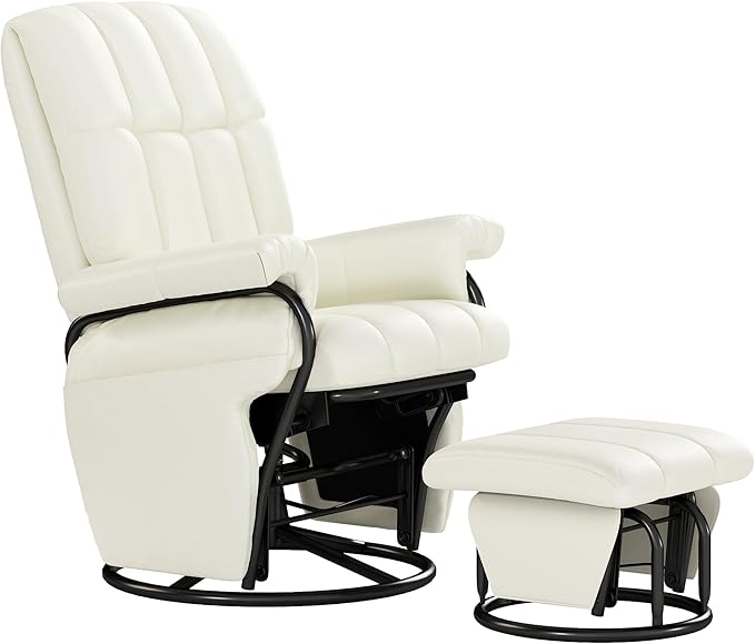 AODAILIHB Swivel Glider Recliner with Ottoman, 360 Rocking Chair with Foot Rest Recliner Chair Indoor Rocking Chair with Side Pockets Nursery Chairs for Living Room, Bedroom, Office (White)