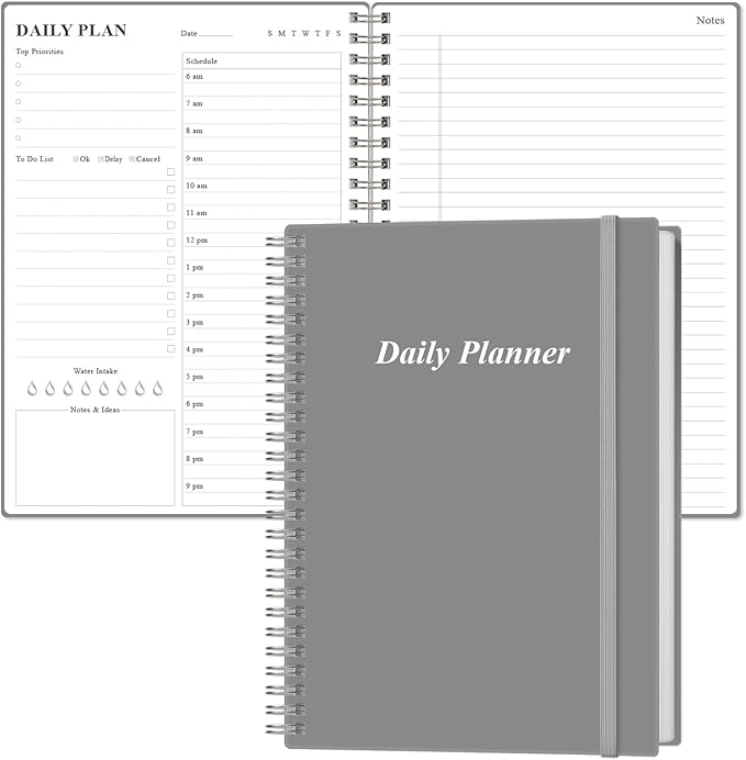 Daily Planner Undated - B5 To Do List Notebook Hourly Schedules, Spiral Appointment Planner for Women and Men, PVC Hardcover, Inner Pocket, Elastic Closure, 7" x 10", Grey