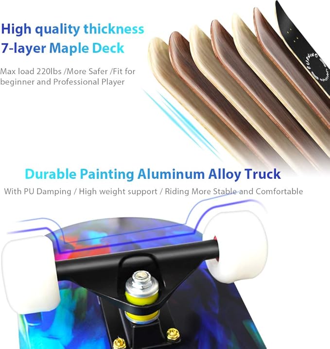 Easy_Way Complete Skateboards- Standard Skateboards for Beginners Kids Boys Girls Teenager- 31''x 8''Canadian Maple Cruiser Pro Skate Board, Skateboards