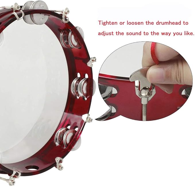 ENNBOM Tambourine Adjustable Tone Hand Drum Double Row Metal Jingles Hand Bell Performance Level Handheld Percussion (Red)