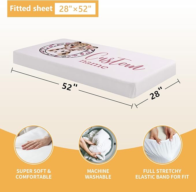 Personalized Baby Bedding Set, 5 Pcs Custom Baby Crib Sets with Name, Toddler Bedding Set for Baby Girls, Pink Leopard Double Layer Nursery Bedding Set, Customized Gifts for Infants Kids