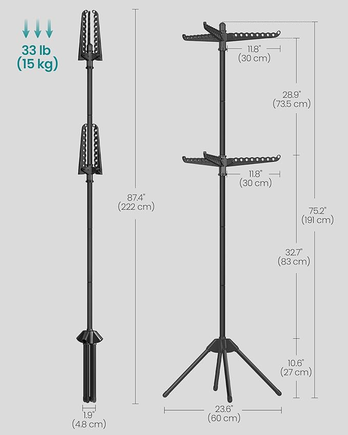 SONGMICS 2-Tier Clothes Drying Rack, 75.2-Inch Folding Laundry Drying Rack with 6 Rotatable Arms for Hangers, Stainless Steel, for 54 Pieces of Clothes, Black ULLR514B01