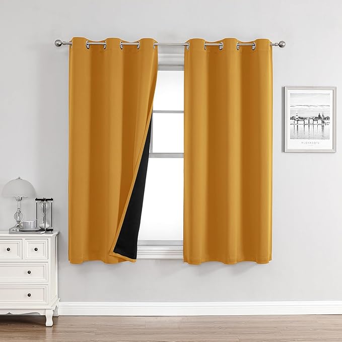 ChrisDowa 100% Blackout Curtains for Bedroom with Black Liner, 2 Thick Layers Total Blackout Thermal Insulated Grommet Window Curtains 2 Panels Set (Mustard Yellow, 42 x 63 Inch)