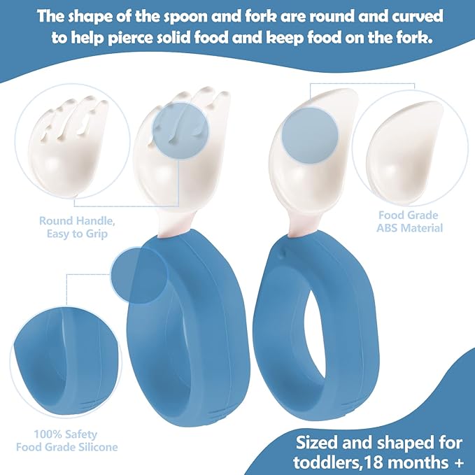 Baby Self Feeding Training Spoon and Fork Set with Travel Case, BPA-Free Cute Circle Toddler Training Utensils, Silicone/ABS Great Tableware Set Spoons Fork for Kids (Blue)