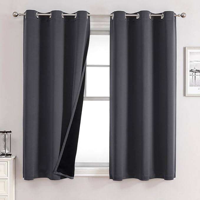 ChrisDowa 100% Blackout Curtains for Bedroom with Black Liner, 2 Thick Layers Total Blackout Thermal Insulated Grommet Small Window Curtains 54 Inch Length 2 Panels Set (Dark Grey, 42 x 54 Inch)