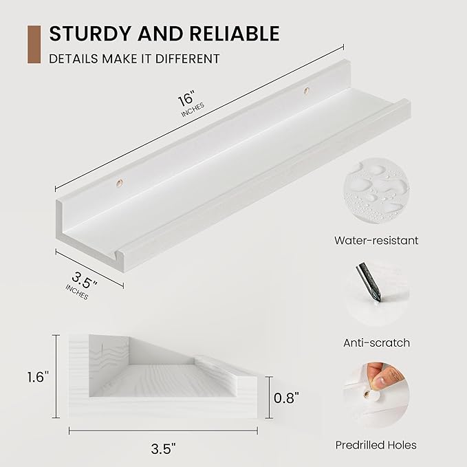Picture Ledge Shelf, Solid Pine Wood Floating Shelves Set of 4, 16 Inches Nursery Book Shelves for Toys Storage, Kids Bookshelf Wall Mounted for Living Room Decor Photo Frames, White