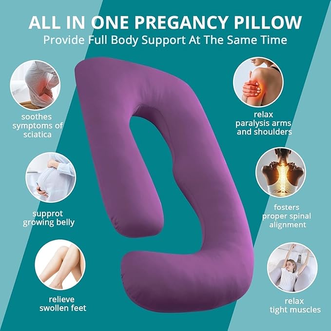 Sasttie Pregnancy Pillows for Sleeping, Jumbo U Shaped Cooling Full Body Pillow with Removable Cover, Pregnant Women Must Haves, Maternity Essential, Purple
