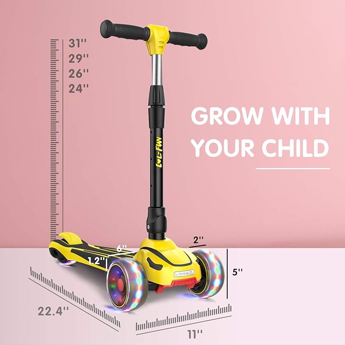LOL-FUN Toddler Scooter for Kids Ages 3-12 Years Old Boy Girl with 3 Wheel LED Lights, Extra-Wide Childrens Foldable Kick Scooter Kids Ages 3-5 with 4 Adjustable Height and Lean-to-Steer