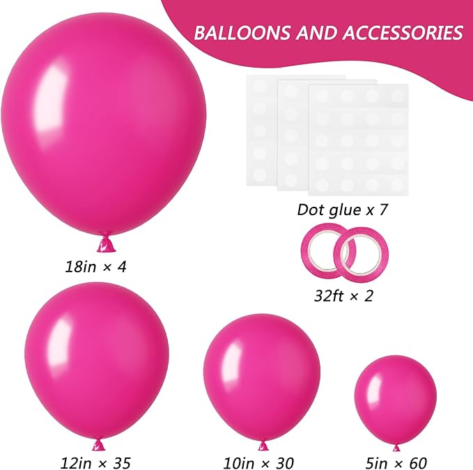RUBFAC 129pcs Hot Pink Balloons, Latex Magenta Pink Balloon Arch Kit Garland Different Sizes 18 12 10 5 Inch for Birthday Baby Shower Wedding Princess Theme Party Decoration