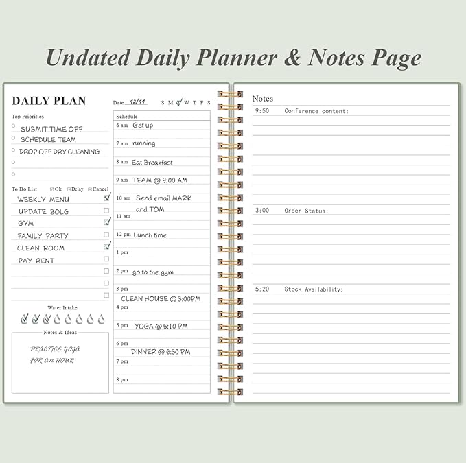 Daily Planner Undated - A5 To Do List Notebook Hourly Schedules, Spiral Appointment Planner for Women and Men, PVC Hardcover, Inner Pocket, Elastic Closure, 5.8" x 8.3", Green