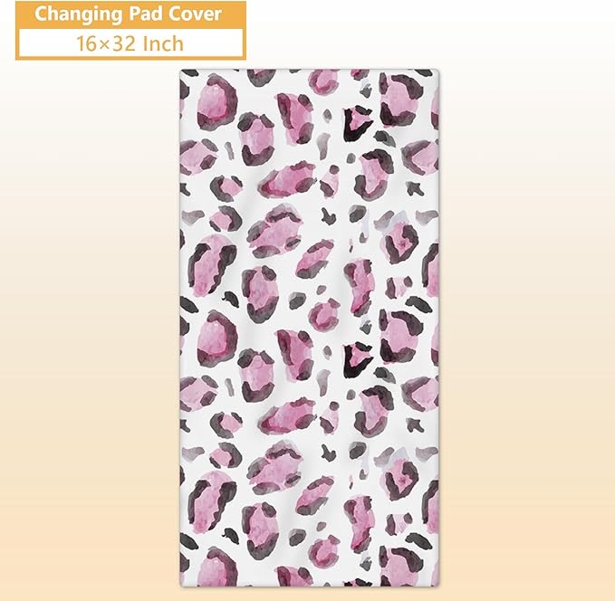 Personalized Baby Bedding Set, 5 Pcs Custom Baby Crib Sets with Name, Toddler Bedding Set for Baby Girls, Pink Leopard Double Layer Nursery Bedding Set, Customized Gifts for Infants Kids