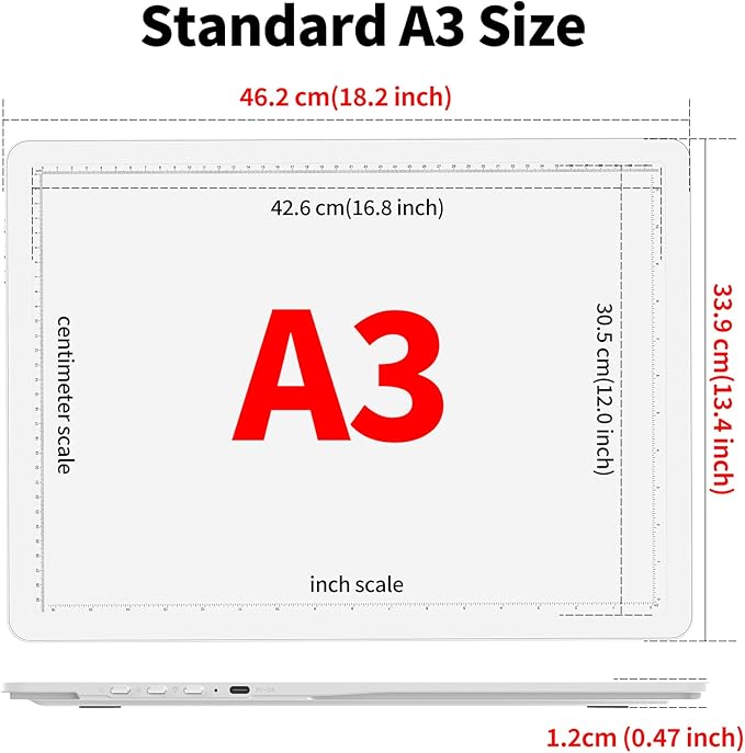 TOHETO Rechargeable A3 Light Board with Stand, Bag, Super Bright Magnetic Light Pad with Side Buttons, Wireless Light Box for Tracing and Drawing, Cordless Light Table for Diamond Painting, Sketching