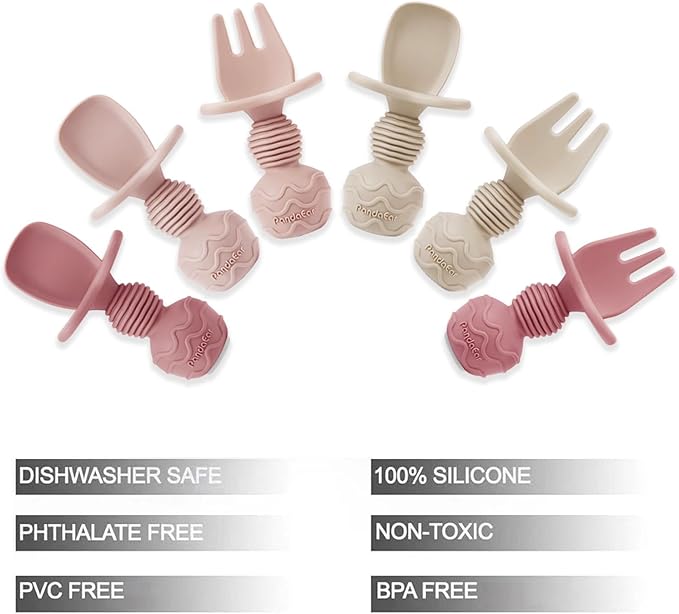 PandaEar 6 Pack Silicone Baby Spoons and Fork Feeding Set- Anti-Choke First Self Feeding Utensils for Baby Led Weaning Ages 3 Months -Pink