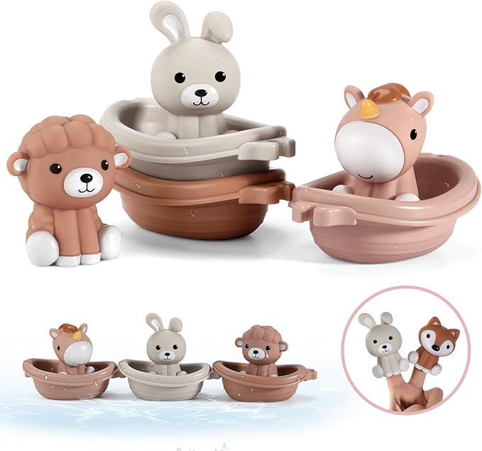 Nueplay Bathtub Toys for Toddlers 18M+，Baby Bath Toys with Animal Finger Puppets，Stackable Boat Train，Gift for Baby & Toddlers Set of 6