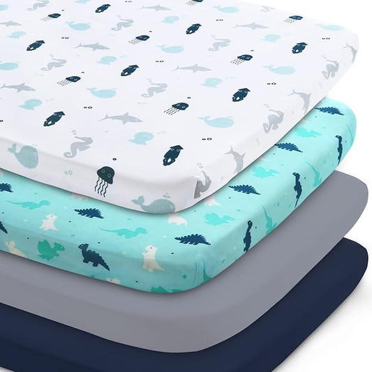 Bassinet Sheet 4 Pack for Baby Boys, Bassinet Sheets Ultra Soft Universal Fit for Most Rectangle, Oval, Hourglass Bassinet Mattress, Bassinet Sheets, Navy