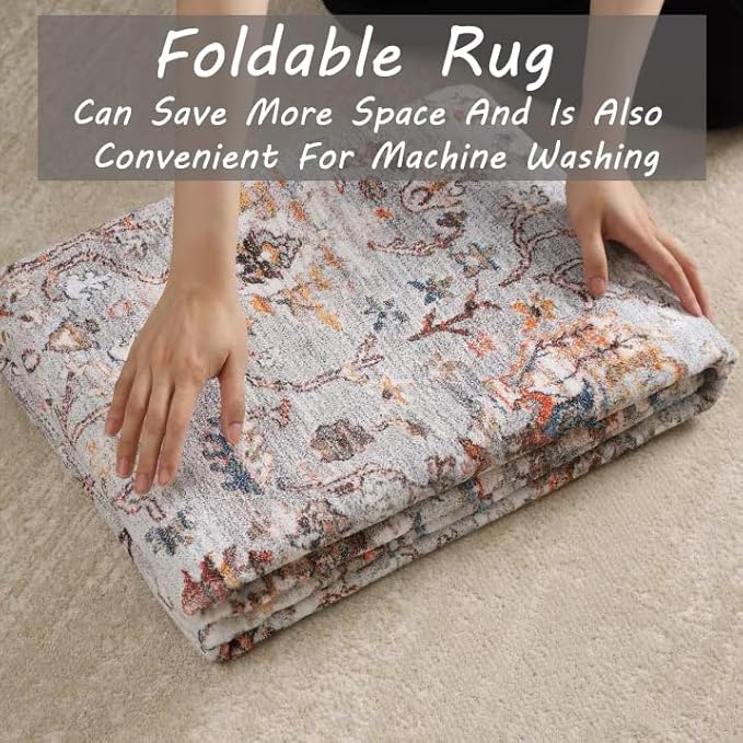 Retro Washable Area Rug 4X6 Washable Living Room Boho Chic Medallion Distressed DesignIndoor Non-Slip Large Accent Throw Rug for Kitchen Bedroom Office Carpet