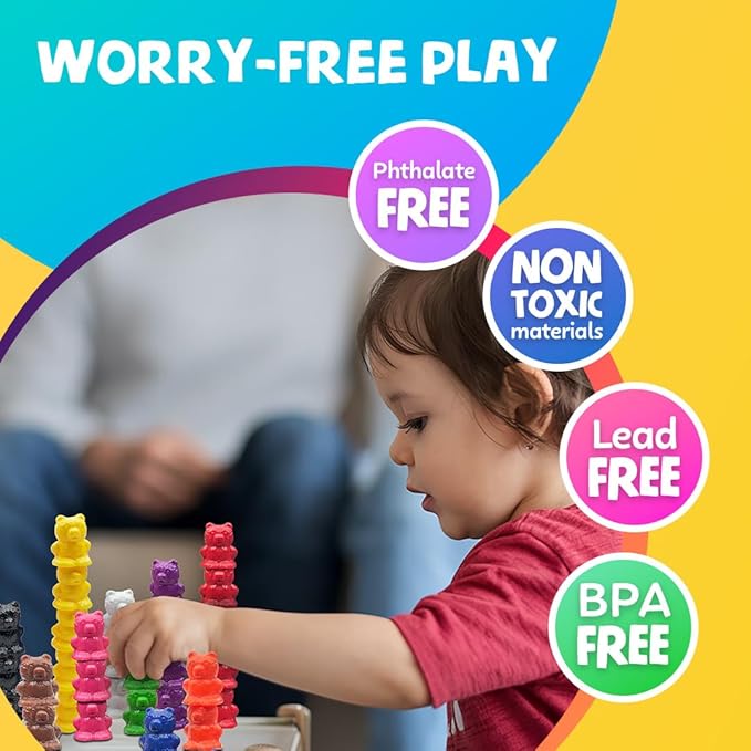 Skoolzy Rainbow Stacking Bears with Matching Sorting Cups 69 Piece Set, 60 Bear counters, Scissor Tongs, Rainbow Cups, Storage Bag, Sorting dice Game