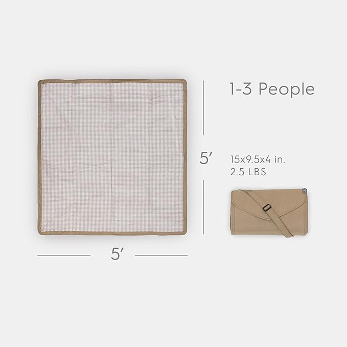 Little Unicorn 5'x5' Outdoor Family Picnic & Beach Blanket | Durable & Water-Resistant Fabric | Compact Fold & Easily Wipes Clean | Zipper Pocket (Beige Buffalo Check)