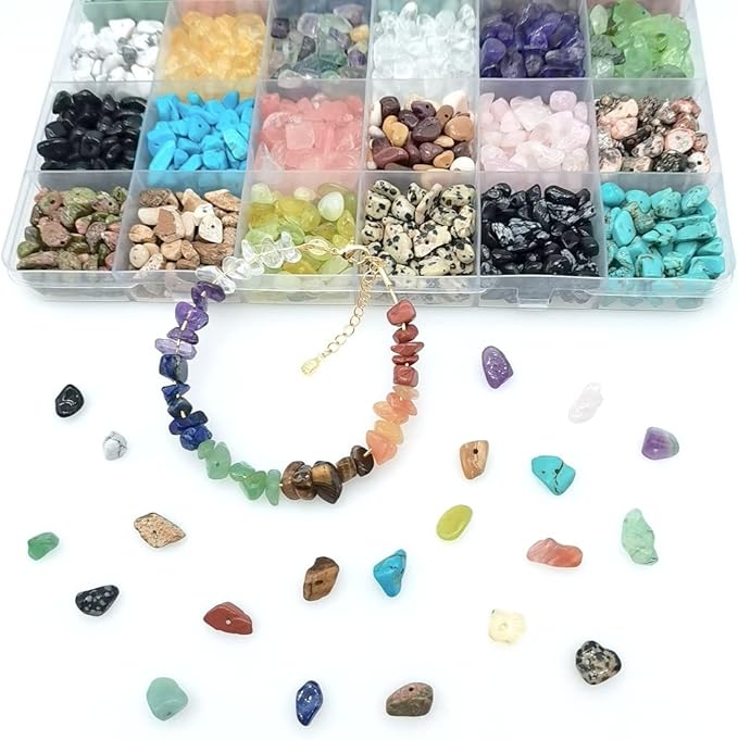 Natural Chip Stone Beads About 1500 Pcs Irregular Chakra Gemstones Healing Crystal Loose Rocks Bead Hole Drilled DIY for Bracelet Jewelry Making Kit(5-8mm, 24 Color)