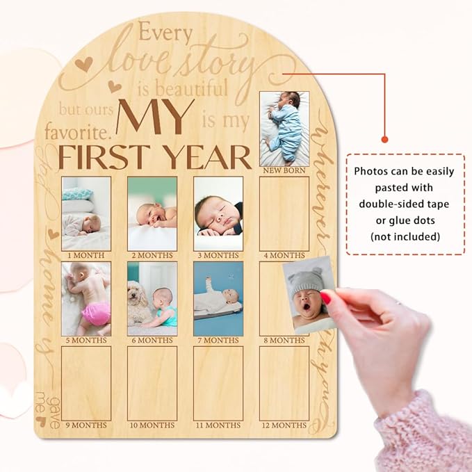 ORIGACH My First Year Baby Growth Photo Display Wood Board - 12 Months Newborn Milestones Photo Board - Neutral Baby Keepsake Board 1st Birthday Party Nursery Decor New Mom Gift - Sentiment Words