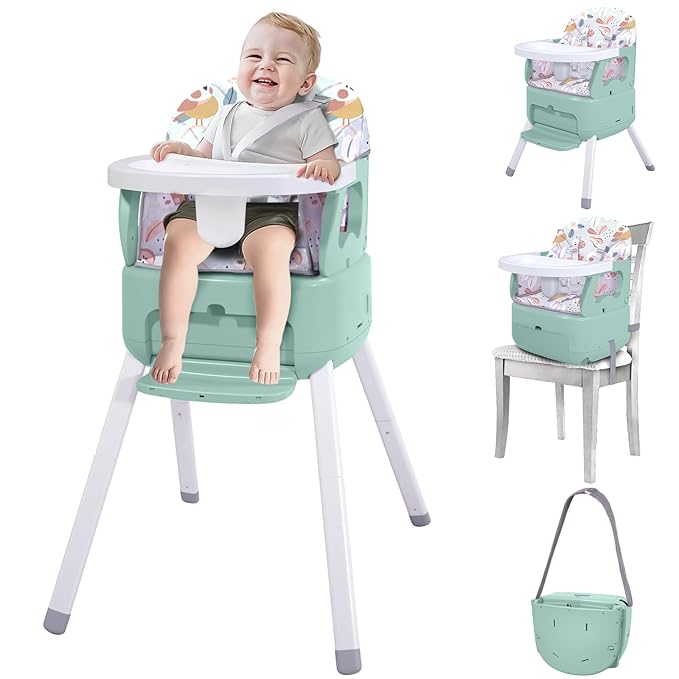 4 in 1 Portable Baby High Chair,Convertible Highchair for Babies and Toddlers-Foldable Infant Booster Seat,Carry Small Box,Dining Chair,Toddler High Chair with 5-Point Harness,Removable Tray-Green
