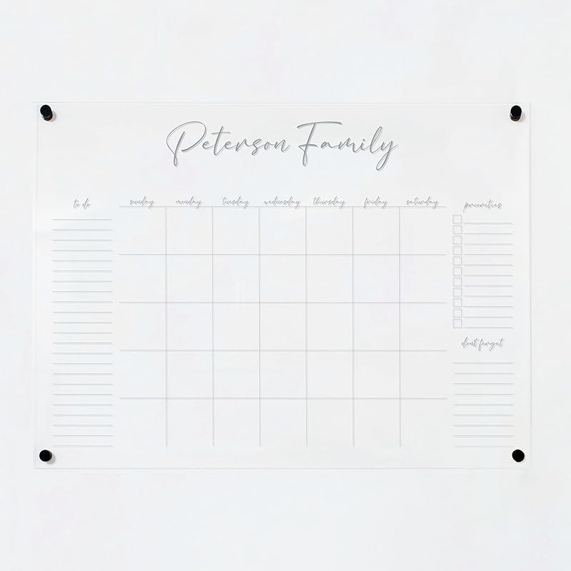 Personalized Clear Acrylic Calendar for Wall, Calendar Whiteboard for Wall, Dry Erase Wall Calendar, Wall Calendar Organizer System for Home (Cursive, Grey, 31"W x 23"H)