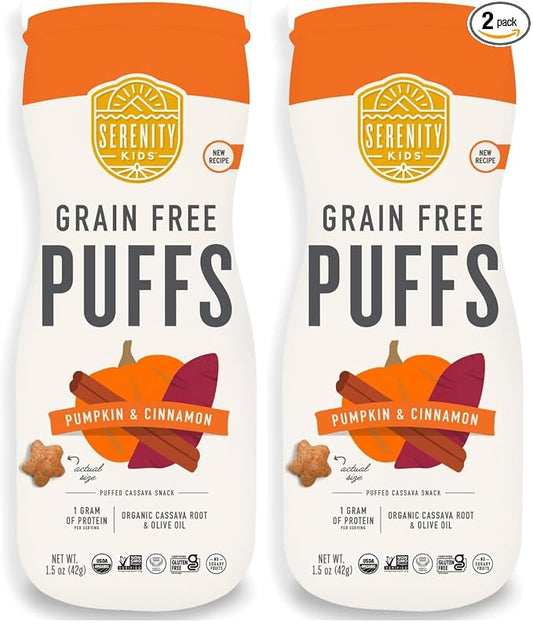 Serenity Kids 6+ Months Grain Free Puffs Toddler & Baby Snack | No Added Sugar, Gluten & Rice Free, Allergen Free | Made with Organic Cassava, Veggies, and Herbs | Pumpkin & Cinnamon | 1 Count
