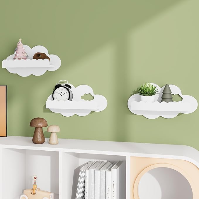NACHES 3-Piece Floating Bookshelf - Scalloped White Cloud Wooden Wall Shelves, Kids Room/Nursery Decor for Books & Picture, Easy to Mount Display Shelves