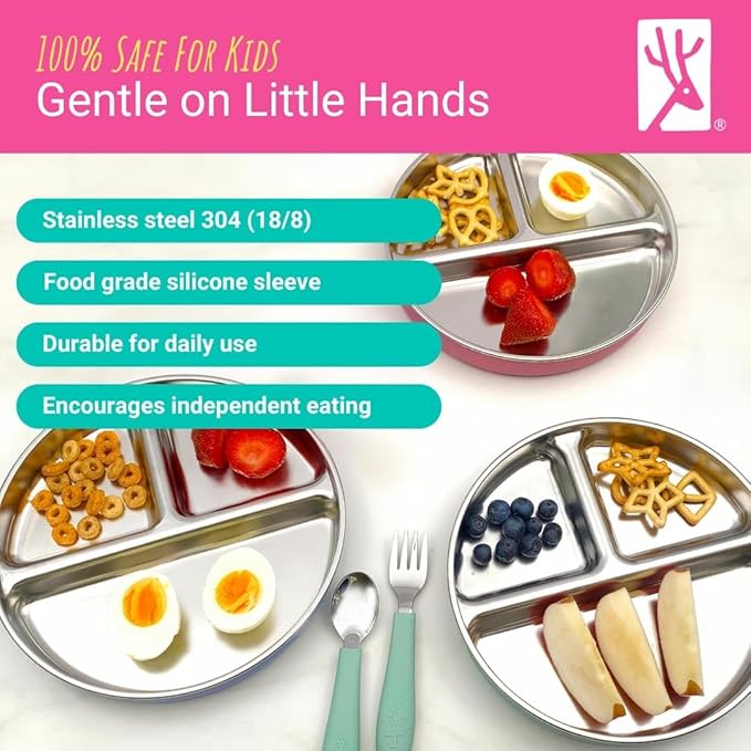 Elk and Friends Stainless Steel Divided Plates with Normal Sleeve for Babies & Toddlers | Lids Included Dinner & Snack Plates | 4 Pack